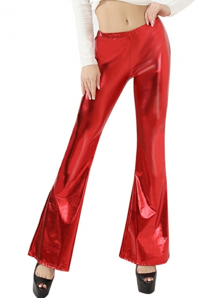 Bright Leather Pants Fashion Women's High Waist Skinny Flared Pants