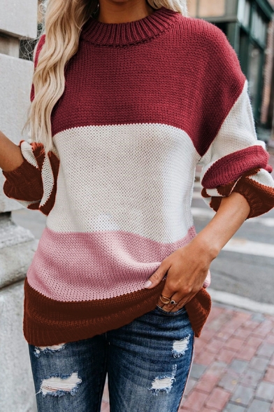 Daily Girl's Sweater Contrast Color Ribbed Hem Long Sleeve Round Neck Pullover Sweater
