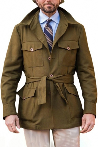 Guys Fancy Coat Pure Color Chest Pocket Skinny Button Closure Spread Collar Trench Coat