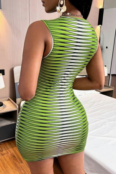 Hot Dress 3D Pattern Sleeveless Round Neck Slim Fitted Bodycon Dress for Women