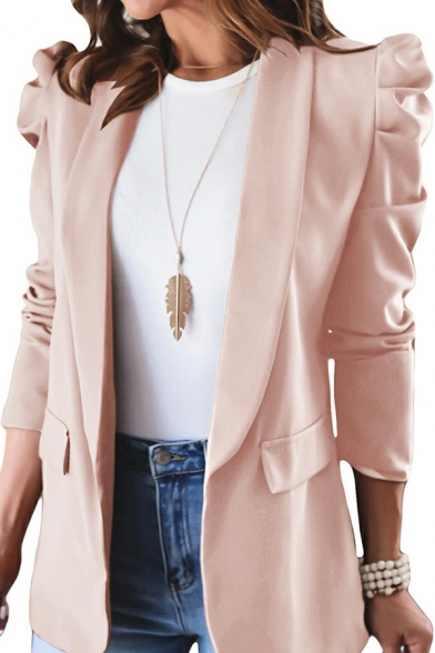Ladies Fashion Blazer Slim Solid Color Puff Sleeve Buttonless Jacket