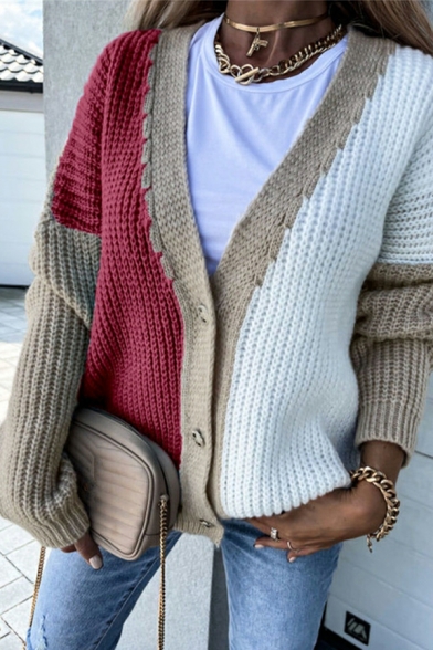Loose Sweater Women's V-neck Long-sleeved Color Block Cardigan Jacket