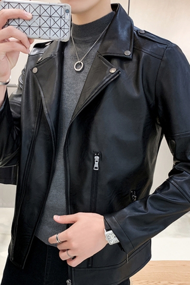 Retro Men Coat Plain Pocket Lapel Collar Long Sleeve Slimming Zip Down Leather Jacket