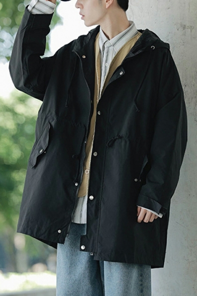 Single Breasted Trench Coat Men Solid Color Basic Designed Loose Fit Trench Coat