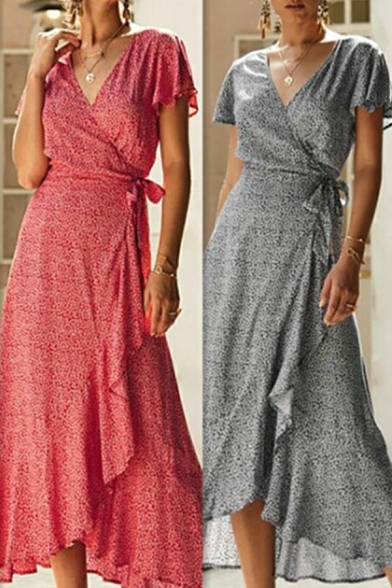 Trendy Women Dress Floral Pattern Cap Sleeves V Neck Ruffles Midi Tea Dress