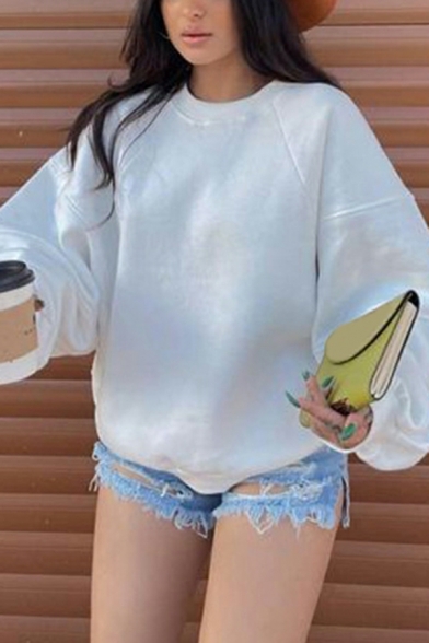 Women Edgy Sweatshirt Pure Color Round Collar Long Sleeves Loose Fit Pullover Sweatshirt