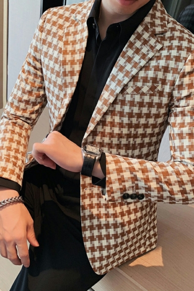 Classic Men Blazer Checked Print Long Sleeve Skinny Lapel Collar Button Closure Blazer