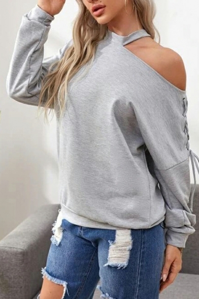 Classic Sweatshirt Plain One Shoulder Long Sleeve Baggy Pullover Sweatshirt for Girls