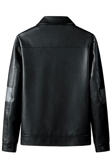 Elegant Guy's Jacket Color Block Front Pocket Spread Collar Button Fly Leather Jacket