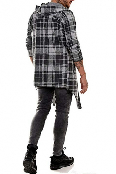 Fashion Coat Checked Print Hooded Long Sleeve Knee Length Open Front Trench Coat for Guys