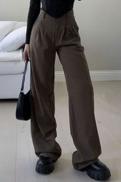 Fashionable Pants Plain High Rise Pocket Long Length Straight Button Fly Pants for Girls