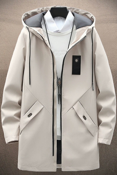 Hooded Winter Trench Coat Pure Color Long Sleeves Zipper Decoration Mens Coat