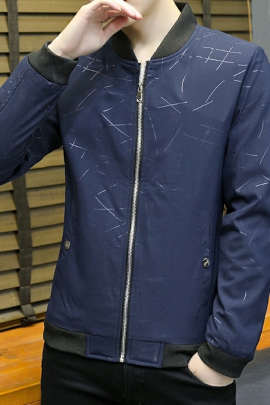 Mens Pop Jacket Contrast Stripe Pocket Stand Collar Long Sleeves Zip Closure PU Jacket