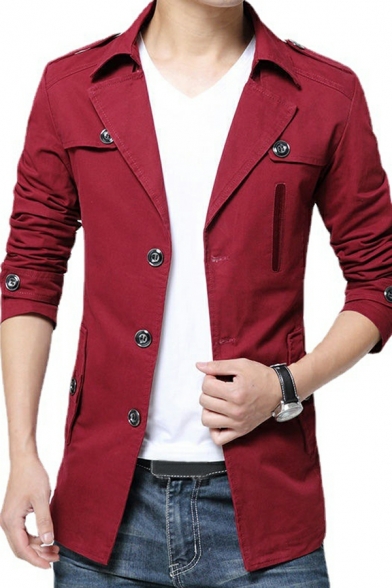 Modern Coat Pure Color Lapel Collar Long-Sleeved Skinny Button Up Trench Coat for Guys