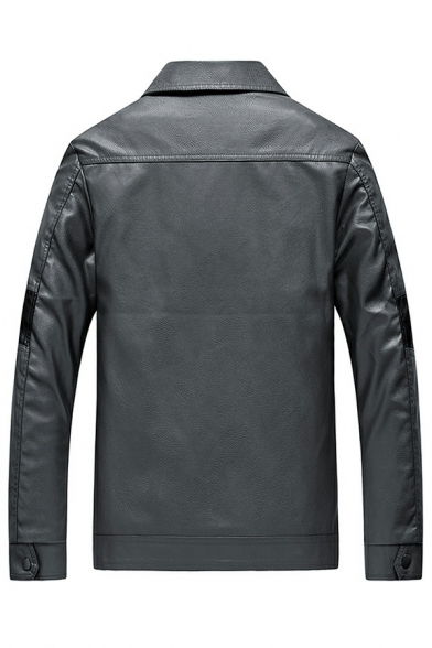 Modern Jacket Contrast Color Pocket Long Sleeves Spread Collar Leather Jacket for Men