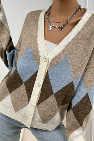 Original Ladies Cardian Geometric Pattern Long Sleeve Oversized Button Fly V-neck Cardian