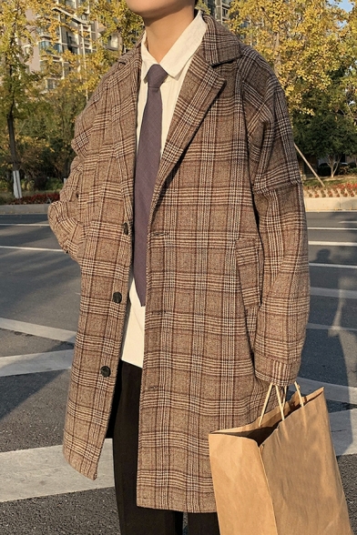 Street Style Coat Checked Print Lapel Collar Long Sleeves Button Up Trench Coat for Boys