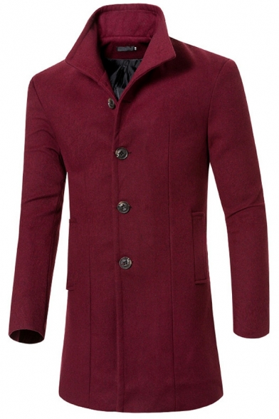 Unique Men Pea Coat Solid Color Long Sleeves Single Breasted Spread Collar Fitted Pea Coat