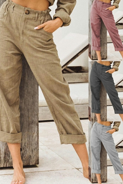 Cool Pants Pure Color Elastic Waist Regular High Rise Button Cropped Pants for Women