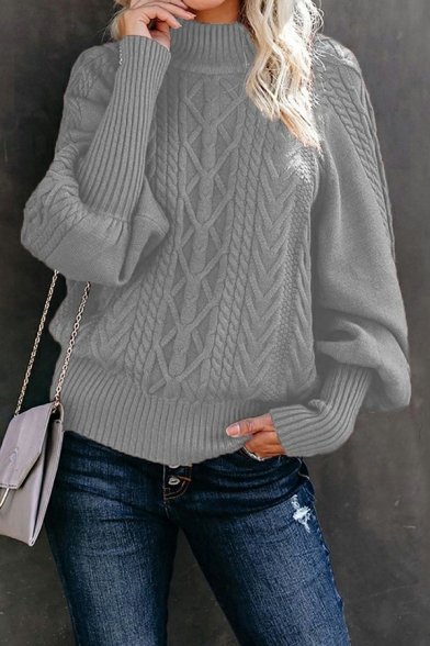 Daily Ladies Sweater Pure Color Ribbed Hem Long-sleeved Mock Collar Pullover Sweater