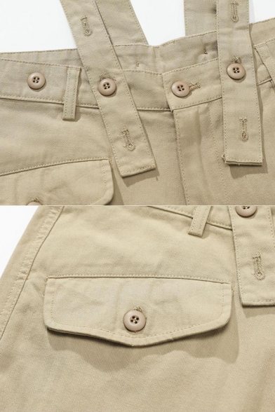 Elegant Men Suspender Pants Plain Sleeveless Button Placket Pocket Suspender Pants