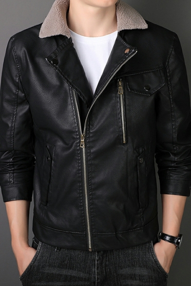 Fancy Men Coat Plain Pocket Lapel Collar Long Sleeve Regular Zip Closure Leather Coat