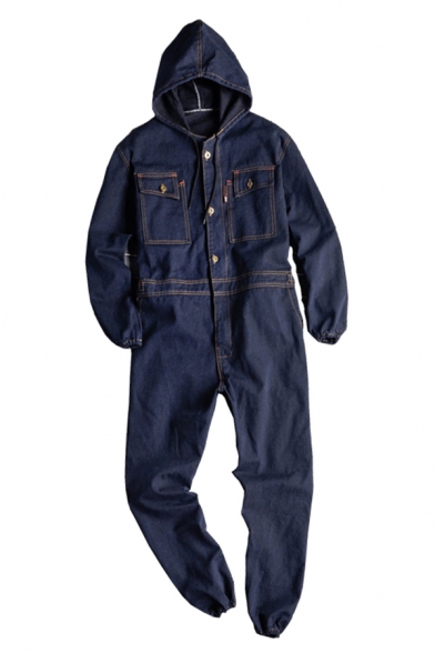 Guys Elegant Coveralls Solid Hooded Long Sleeve Button down Full Length Baggy Coveralls