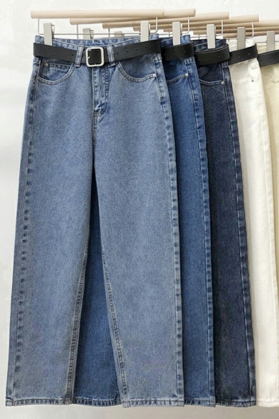 Ladies Casual Jeans Whole Colored Pocket Straight High Waist Long Length Zip Placket Jeans