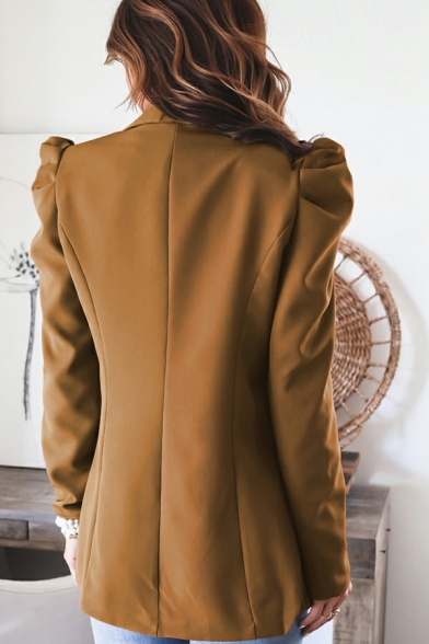 Ladies Fashion Blazer Slim Solid Color Puff Sleeve Buttonless Jacket