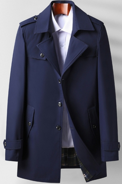 Men Modern Coat Pure Color Pocket Long-Sleeved Fitted Lapel Collar Button Fly Trench Coat
