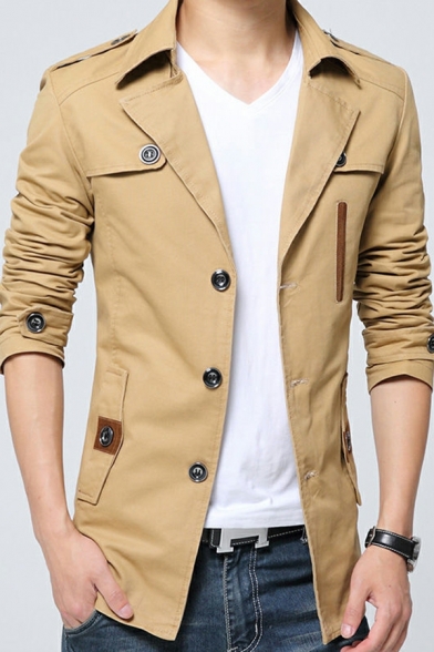 Modern Coat Pure Color Lapel Collar Long-Sleeved Skinny Button Up Trench Coat for Guys