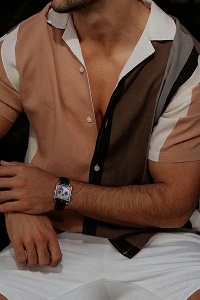 Short Sleeve Shirt Color-blocking Patch Single-Breasted V-Neck Shirt