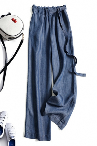 Urban Pants Whole Colored Belt Design High Rise Full Length Loose Wide Leg Pants for Girls
