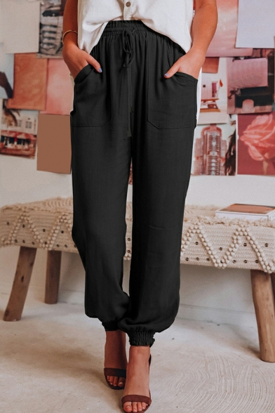 Vintage Pants Pocket Plain High Rise Full Length Drawstring Waist Tapered Pants for Ladies