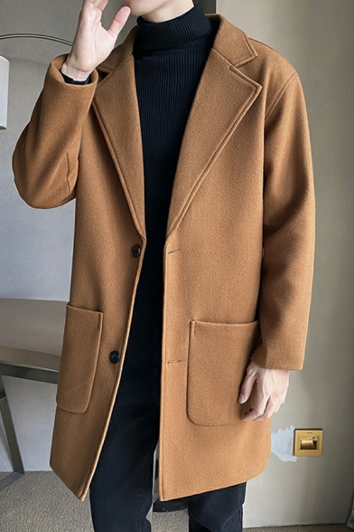 Boy's Trendy Coat Pure Color Lapel Collar Long Sleeve Fitted Button Down Trench Coat