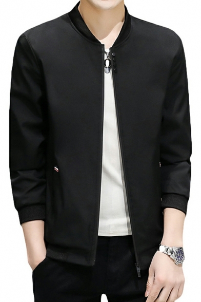 Casual Guys Coat Contrast Trim Pocket Stand Collar Long-Sleeved Fitted Zipper Leather Coat
