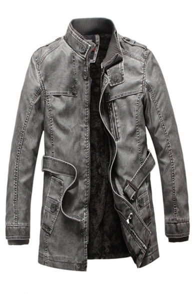 Casual Guys Coat Plain Pocket Designed Stand Collar Long-Sleeved Zipper Leather Coat