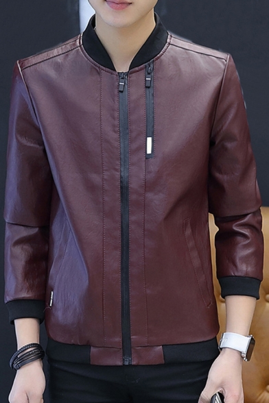 Fancy Jacket Contrast Trim Long Sleeves Regular Stand Collar Zip Placket PU Jacket for Men