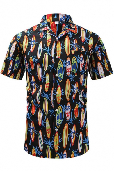 Freestyle Guy's Shirt Tropical Pattern Notched Collar Short Sleeves Slimming Button Shirt