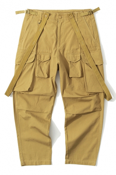 Guys Novelty Suspender Pants Plain Pocket Button down Loose Ankle Length Suspender Pants