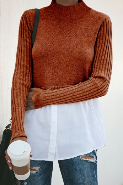 Ladies Trendy Sweater Contrast Stitching Long Sleeves Mock Neck Button Detail Sweater