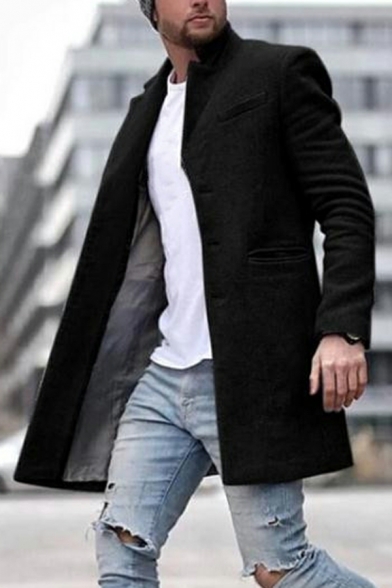 Men Urban Coat Solid Stand Collar Long-Sleeved Regular Fit Button Placket Trench Coat