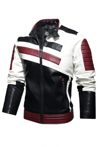 Mens Trendy Jacket Contrast Striped Pocket Spread Collar Slimming Zip Down Leather Jacket