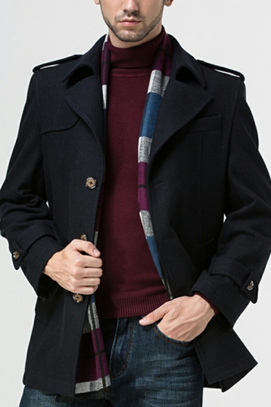 Modern Mens Pea Coat Solid Long-Sleeved Regular Fit Button Placket Lapel Collar Pea Coat