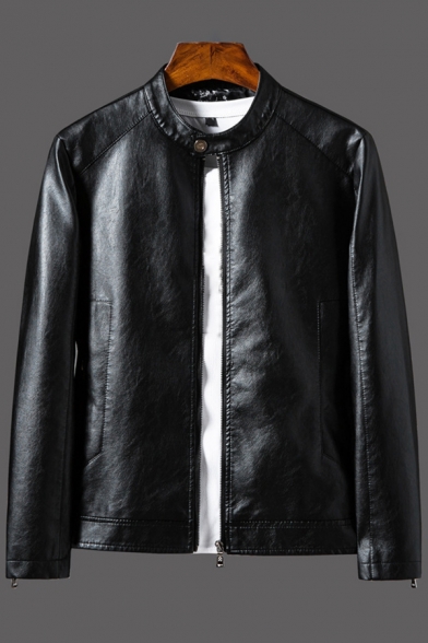 Simple Jacket Plain Round Collar Pocket Long Sleeve Regular Zip Fly Leather Jacket for Men
