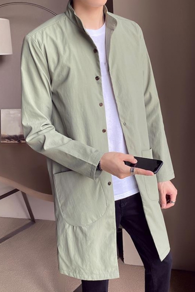 Simple Men Coat Solid Pocket Stand Collar Fitted Long Sleeve Button Down Trench Coat
