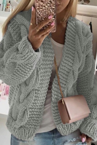 Street Style Girls Cardian Plain Cable Knit V-neck Long Sleeves Open Front Cardian