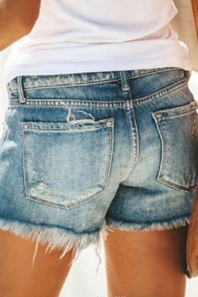 Summer High Waist Denim Shorts Women's Casual Ripped Zipper Fly Shorts