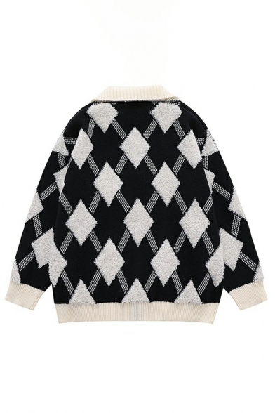 Women's Retro Plaid Cardigan Sweater Winter Zipper Knitted Sweater