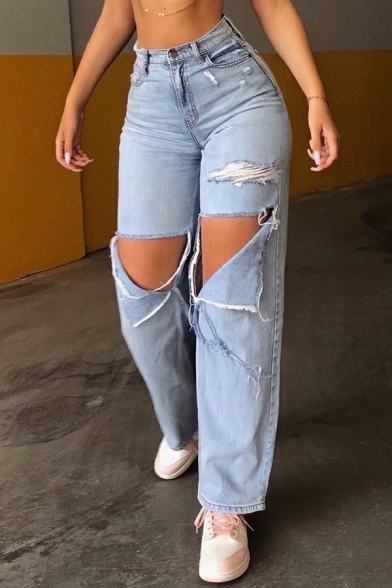 Women Urban Jeans Pure Color Long Length High Waist Oversized Cut Outs Zipper Jeans